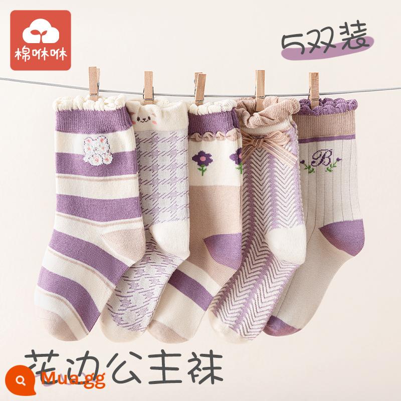 Vớ bé gái cotton nguyên chất mùa thu và mùa đông vớ giữa ống cho bé vớ cotton dày mùa đông vớ trẻ em vớ bé gái mùa xuân và mùa thu vớ trẻ em - Bow Rabbit-5 đôi [tất cotton không xương chải kỹ]