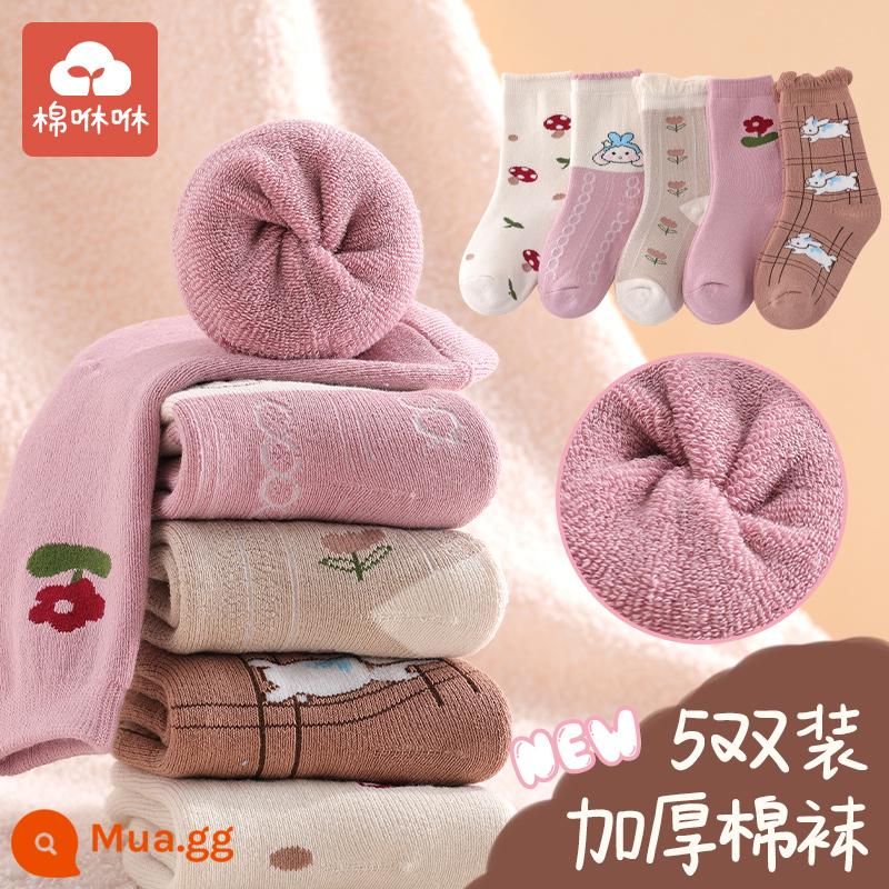 Vớ bé gái mùa đông dày ấm bông tất trẻ em cotton nguyên chất ống giữa vớ cotton mùa thu đông cho bé Plus nhung khăn tất - Nấm Bunny-5 Cặp Phong Cách Dày Mùa Đông