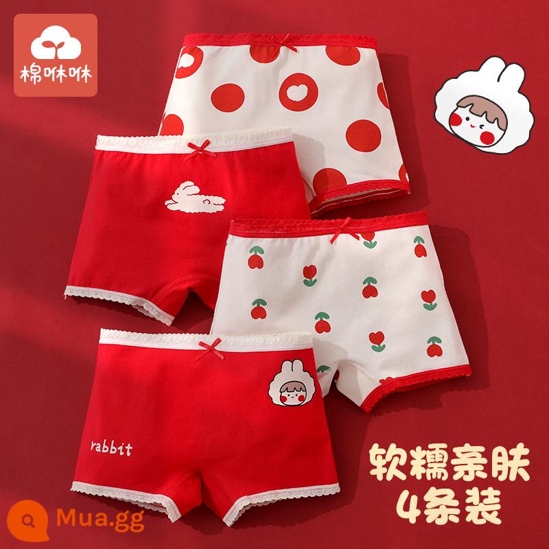 Bé gái năm hoàng đạo đồ lót cotton nguyên chất quần boxer năm mới màu đỏ trẻ em bé gái quần đùi cotton bé gái quần boxer - Cherry Thỏ Dễ Thương-4 miếng