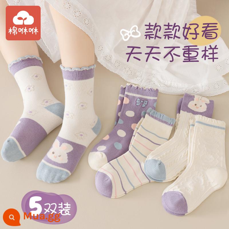 Vớ bé gái mùa đông dày ấm bông tất trẻ em cotton nguyên chất ống giữa vớ cotton mùa thu đông cho bé Plus nhung khăn tất - Chấm Bi Thỏ Dễ Thương-5 Đôi Tất Không Xương Thu Đông Loại A