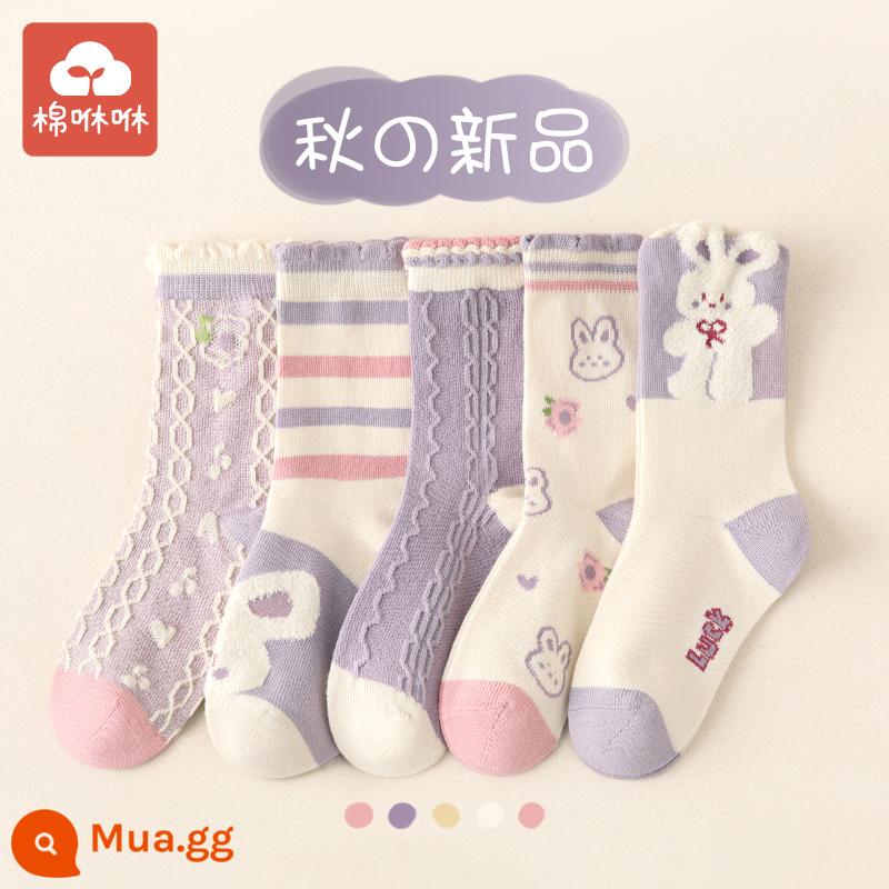 Vớ bé gái cotton nguyên chất mùa thu và mùa đông vớ giữa ống cho bé vớ cotton dày mùa đông vớ trẻ em vớ bé gái mùa xuân và mùa thu vớ trẻ em - 5 đôi thỏ kiểu phương Tây [tất cotton không xương chải kỹ]