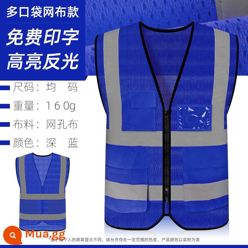 Quần áo phản quang vest an toàn xây dựng vest vệ sinh công trường huỳnh quang dệt kim lưới ban đêm giao thông hậu cần áo liền quần - Lưới nhiều túi thoáng khí - Xanh đậm