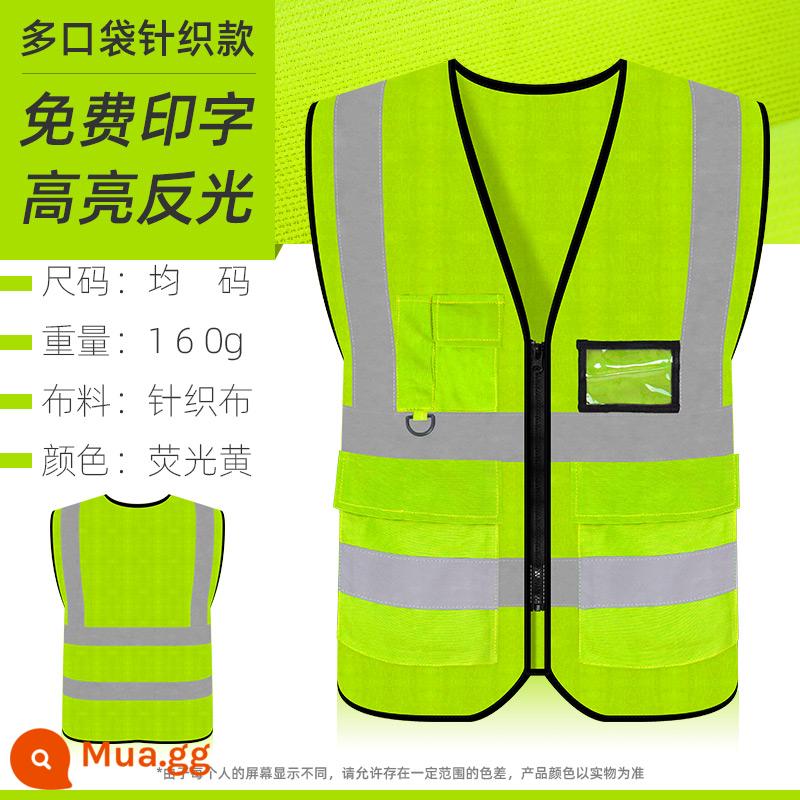 Quần áo phản quang vest an toàn xây dựng vest vệ sinh công trường huỳnh quang dệt kim lưới ban đêm giao thông hậu cần áo liền quần - Áo đan nhiều túi - màu vàng huỳnh quang