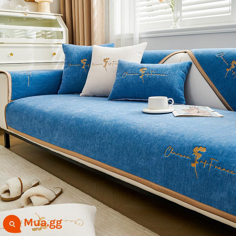 Chenille sofa đệm bốn mùa đa năng đệm ghế chống trượt tối giản hiện đại bọc ghế sofa da bao gồm tất cả vải bọc phổ quát - Hoa trà thêu màu xanh