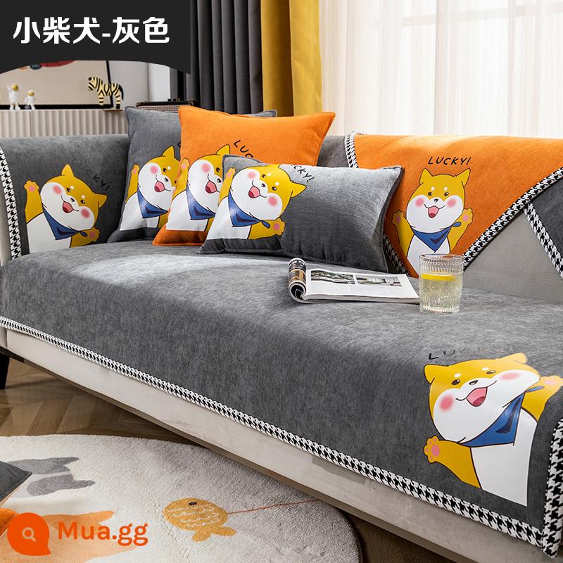 Chenille sofa đệm bốn mùa đa năng đệm ghế chống trượt tối giản hiện đại bọc ghế sofa da bao gồm tất cả vải bọc phổ quát - Shiba Inu-màu xám nhỏ