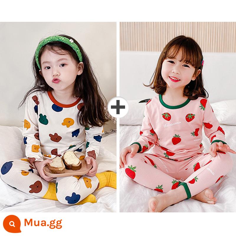 Bộ quần áo mùa thu và quần vệ sinh bé trai, đồ ngủ trẻ em cotton mỏng nguyên chất, bộ đồ lót bé gái, quần áo giữ nhiệt cotton bé trai - [Phong cách xuân thu] Gấu Hanhan đầy màu sắc + Kem dâu