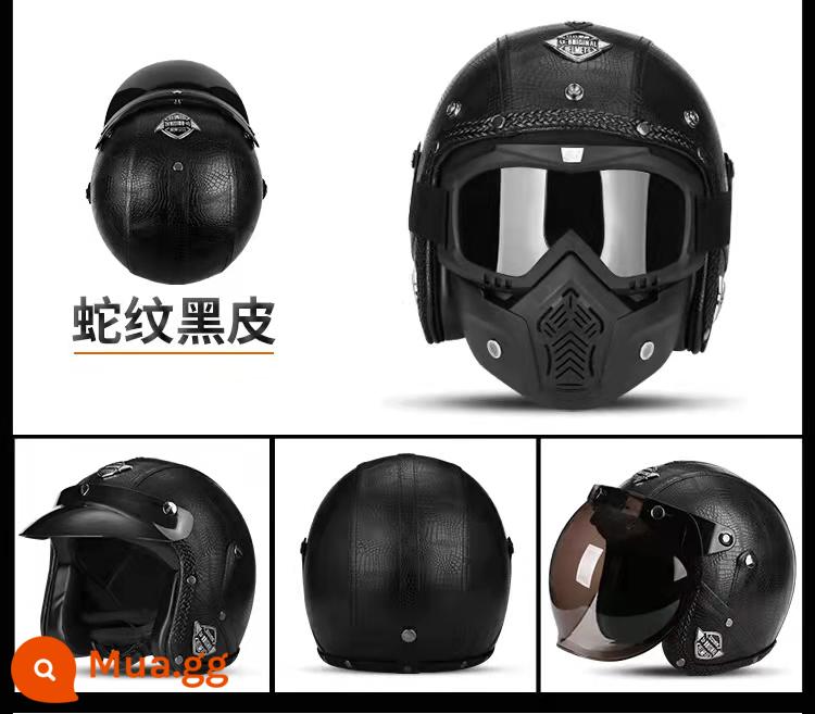 Mũ bảo hiểm Bọ cạp màu đen đầy đủ -Cover Harley Retro Motorcycle Semi -helmet Four Seasons - Da đen họa tiết rắn + mặt nạ trong suốt + gương bong bóng trà