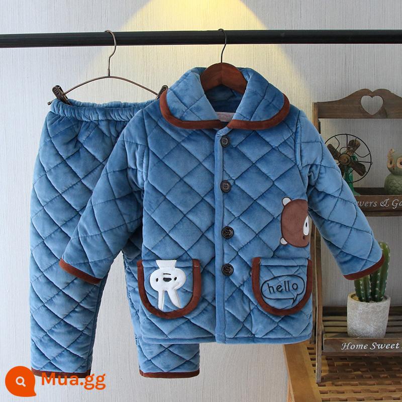 Bộ đồ ngủ trẻ em mùa thu và mùa đông cộng với nhung ba lớp chần bông cho bé gái Bộ đồ flannel dày lông cừu san hô quần áo mặc ở nhà cho trẻ lớn - gấu bên xanh