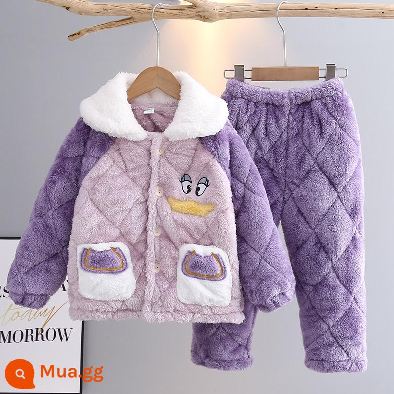 Bộ đồ ngủ trẻ em mùa thu và mùa đông cộng với nhung ba lớp chần bông cho bé gái Bộ đồ flannel dày lông cừu san hô quần áo mặc ở nhà cho trẻ lớn - Vịt tím mới