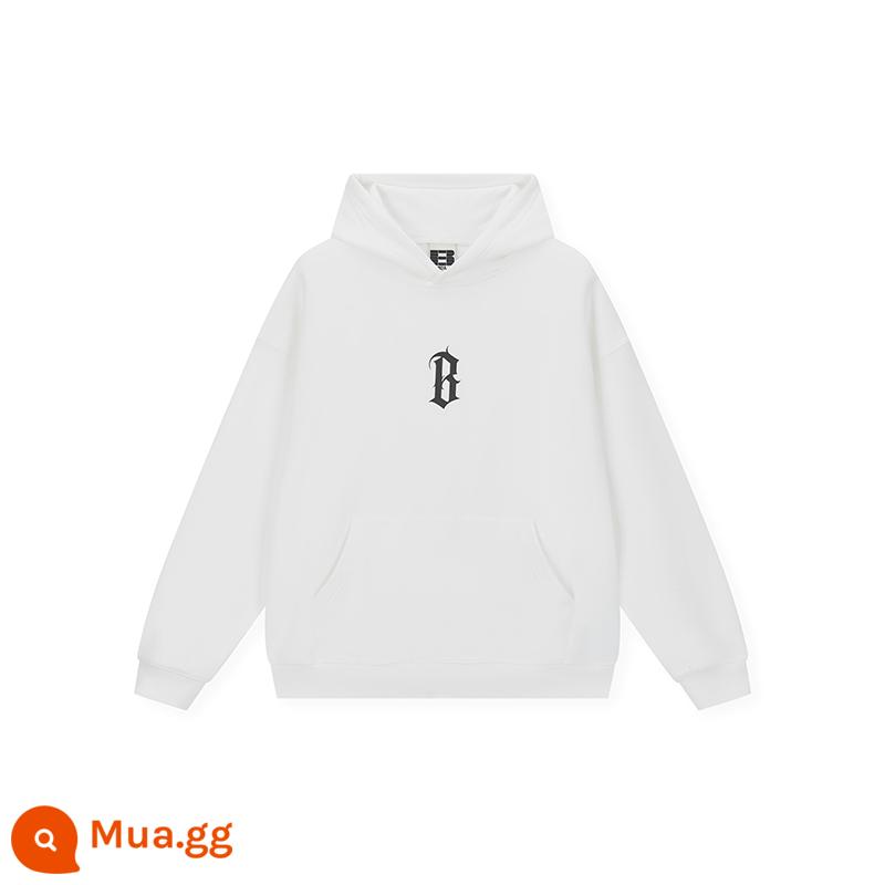 BONELESS cơ bản B từ keo in áo hoodie dệt kim có mũ Mỹ dạo phố cao cấp áo hoodie - núi tuyết trắng