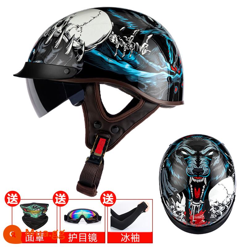 Alienmoto Mũ Retro Muỗng Mũ Bảo Hiểm Mùa Hè Mũ Bảo Hiểm Nửa Nam Nữ Điện Đầu Máy Xe Máy Harley Hoàng Tử Mỹ Đầu Máy - sói đêm đen