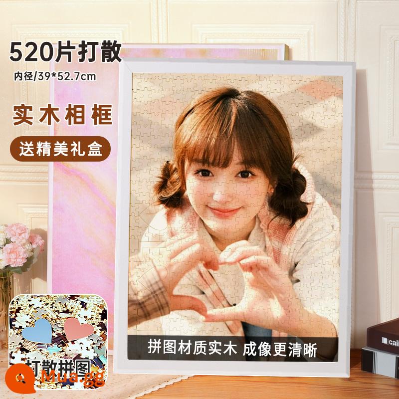 520 miếng ghép hình ảnh tùy chỉnh tranh chân dung 1000 có khung tùy chỉnh handmade tặng thật tự làm bạn gái ảnh - [520 miếng với TÌNH YÊU ❤ rải rác] Khung gỗ trắng nguyên khối miễn phí + hộp quà tặng