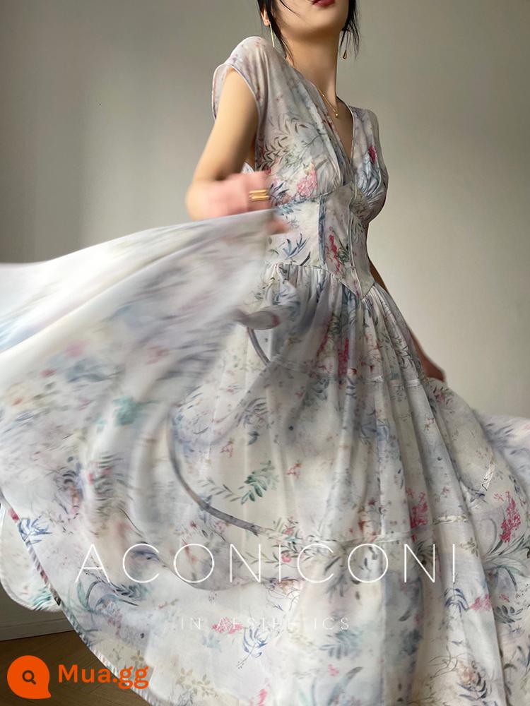 Aconiconi｜Yufu Flower Shadow Fairy Dress Summer Sleeve Eo Cổ chữ V Váy Tea Break in tinh tế cao cấp - Huaying còn hàng, vận chuyển trong vòng 48 giờ