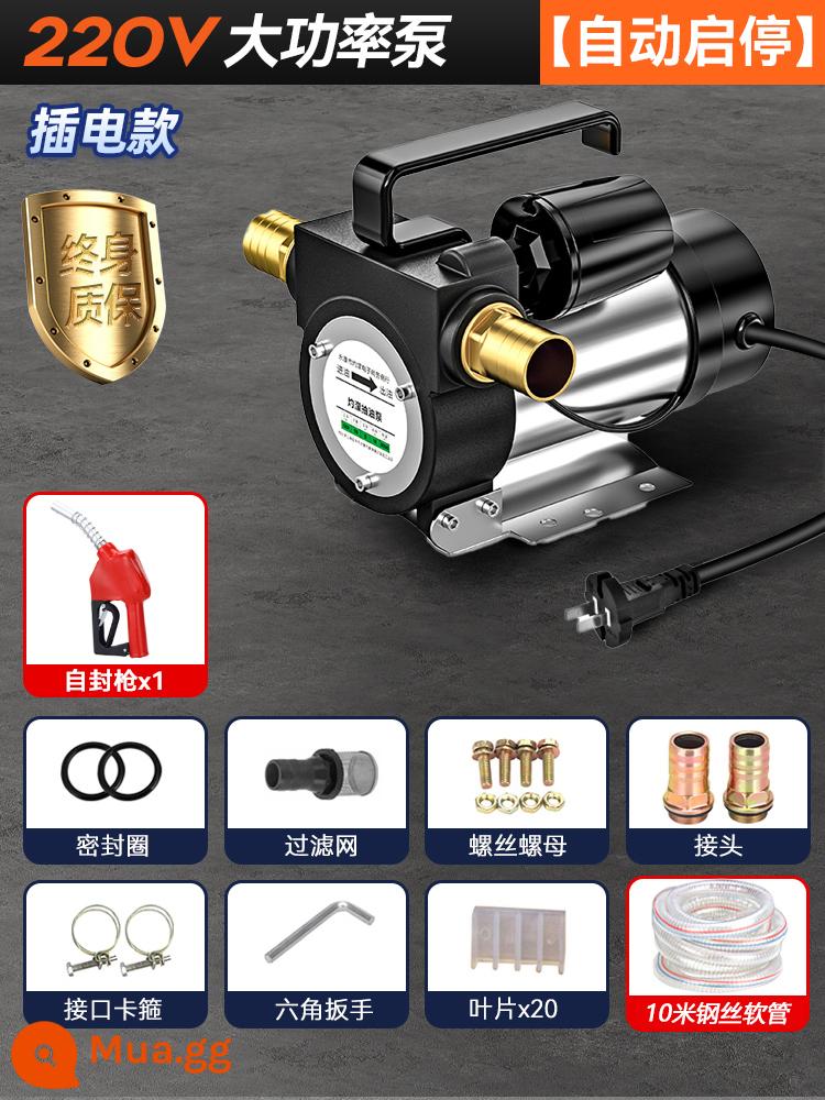 Máy bơm dầu điện 12v24v đa năng 220v máy bơm diesel nhỏ tiếp nhiên liệu máy bơm bơm tự mồi hút dầu hiện vật - [Tự động khởi động và dừng] + Model cắm 220v [có súng tự hàn] + Ống dây thép 10 mét