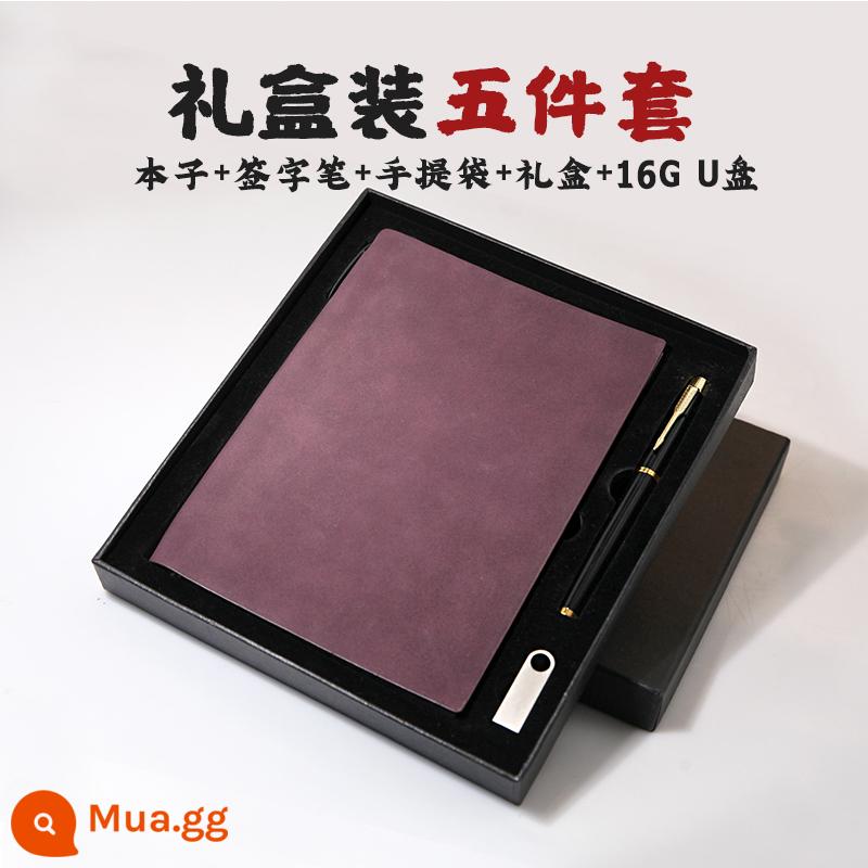 Máy tính xách tay kinh doanh đơn giản A5 sổ phụ doanh nghiệp tùy chỉnh logo có thể in chữ notepad văn phòng cao cấp làm việc cuộc họp sổ ghi chép da mềm nhật ký đường kẻ ngang dày da cừu cổ điển - Hộp quà màu tím có ổ flash USB