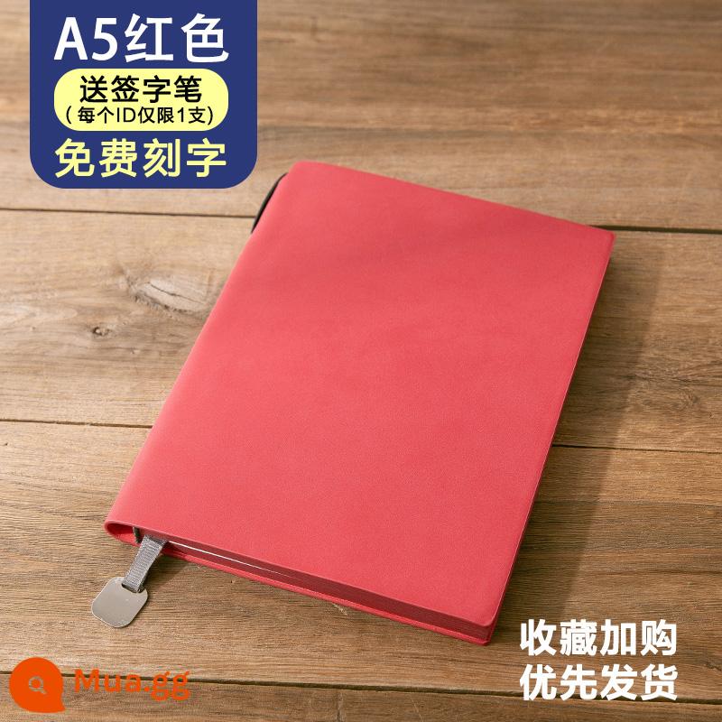 Máy tính xách tay kinh doanh đơn giản A5 sổ phụ doanh nghiệp tùy chỉnh logo có thể in chữ notepad văn phòng cao cấp làm việc cuộc họp sổ ghi chép da mềm nhật ký đường kẻ ngang dày da cừu cổ điển - màu đỏ