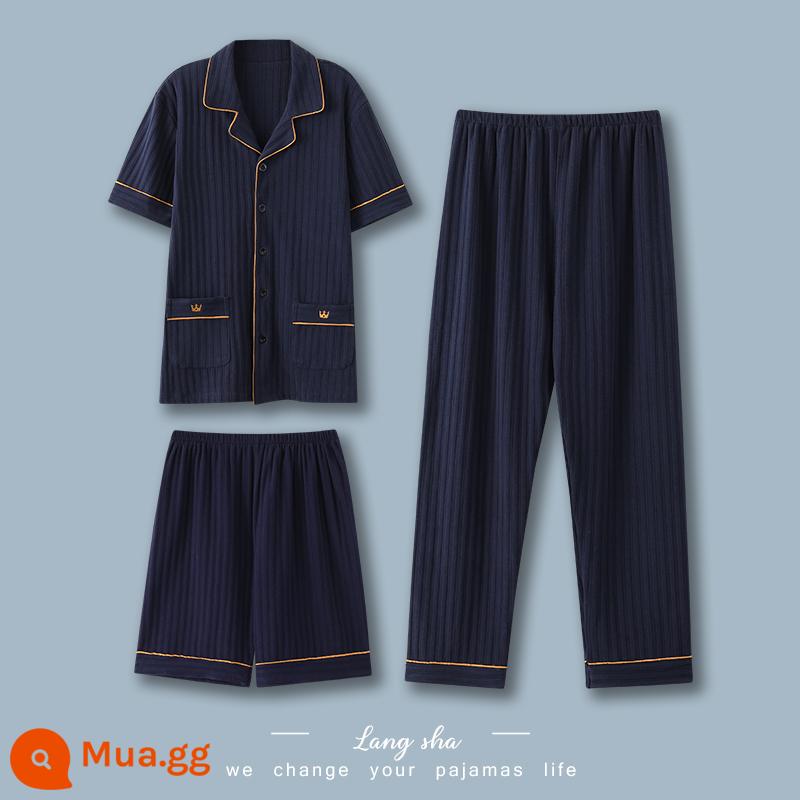 Bộ đồ ngủ nam Langsha mùa hè cotton nguyên chất quần ngắn tay nam cotton mỏng phần mùa hè kích thước lớn dịch vụ tại nhà bộ ba món - QKM7123+703