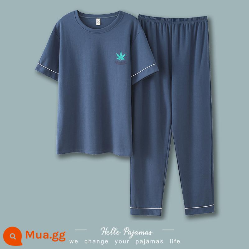 Langsha Bộ đồ ngủ nam mùa hè cotton nguyên chất quần ngắn tay mặc nhà nam mùa hè cotton mỏng kích thước lớn phù hợp với - QKM5222