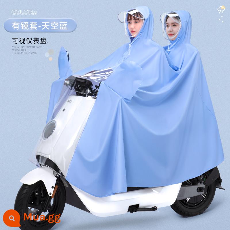 Áo mưa đầu máy chạy pin điện áo đôi nữ dáng dài chống bão cha con cưỡi mẹ con áo poncho đặc biệt - 4XL[Đôi]-Thông Màu Xanh Khói