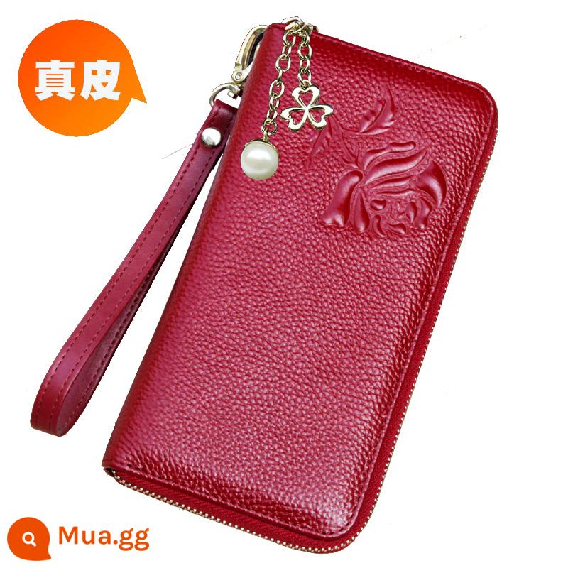 Ví Màu Vàng Da Thật Nữ Phiên Bản Dài May Mắn Công Suất Lớn Túi Clutch Dây Kéo Ví Nữ Túi Xách Da Mới - Khóa kéo đơn, hoa hồng hạt dẻ nhỏ, thẻ kéo cỏ ba lá