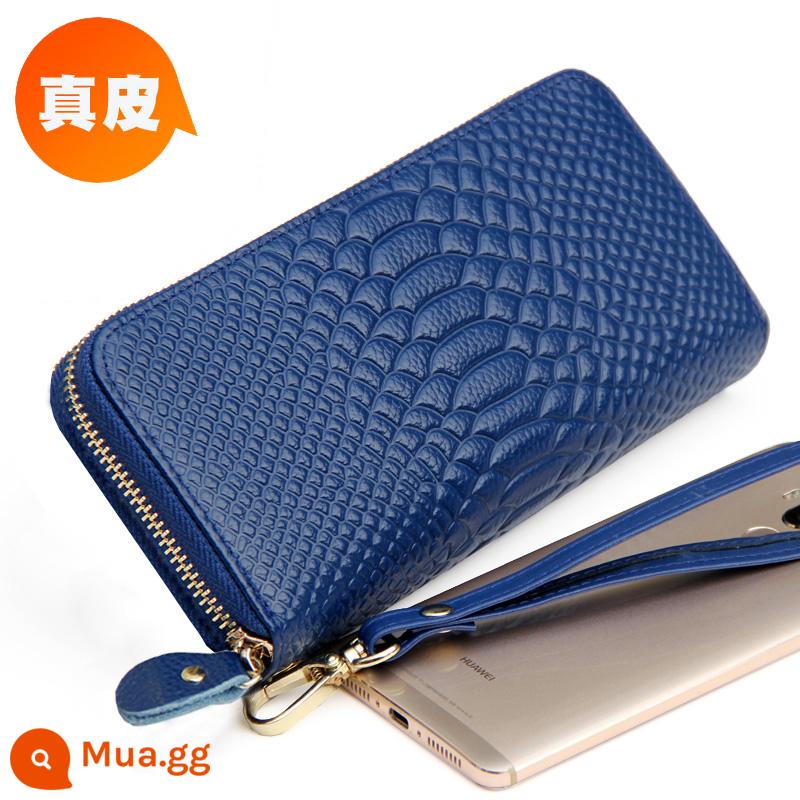 Ví Màu Vàng Da Thật Nữ Phiên Bản Dài May Mắn Công Suất Lớn Túi Clutch Dây Kéo Ví Nữ Túi Xách Da Mới - Khóa kéo đơn, cá sấu màu xanh sapphire, mấu kéo bằng da