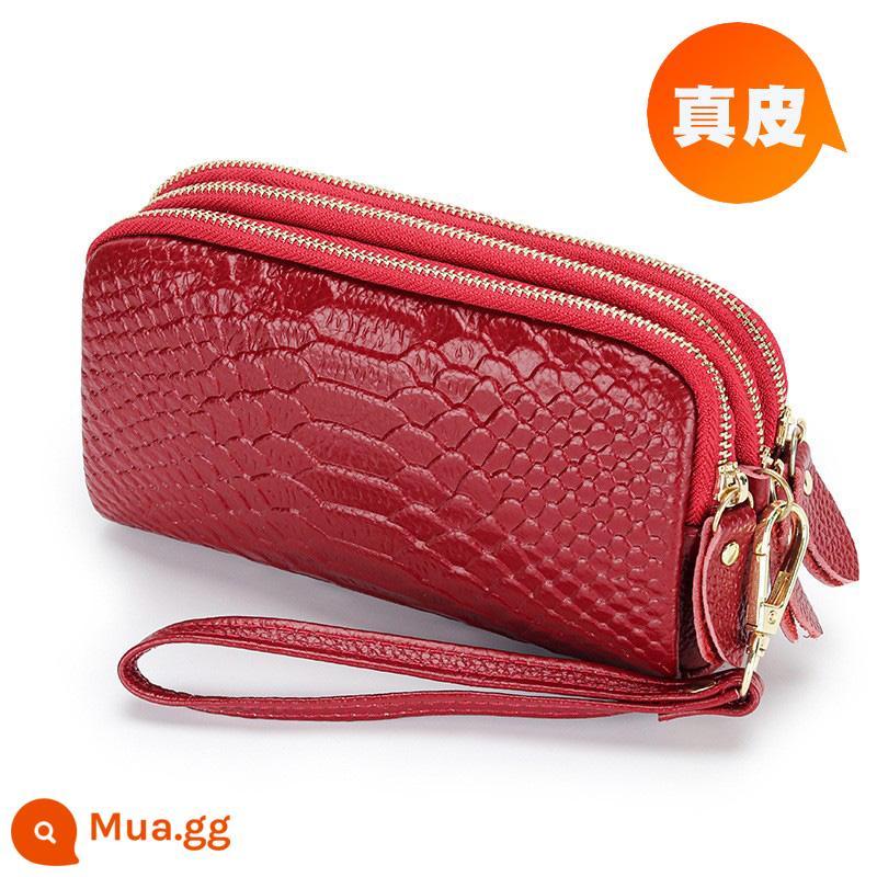 Ví nữ dây kéo 3 lớp da thật ví nữ dáng dài Clutch dung tích lớn Túi nhỏ đựng được điện thoại Lớp trên cùng da bò mềm - Cá sấu đỏ, dây kéo vàng nhạt, dài vừa phải