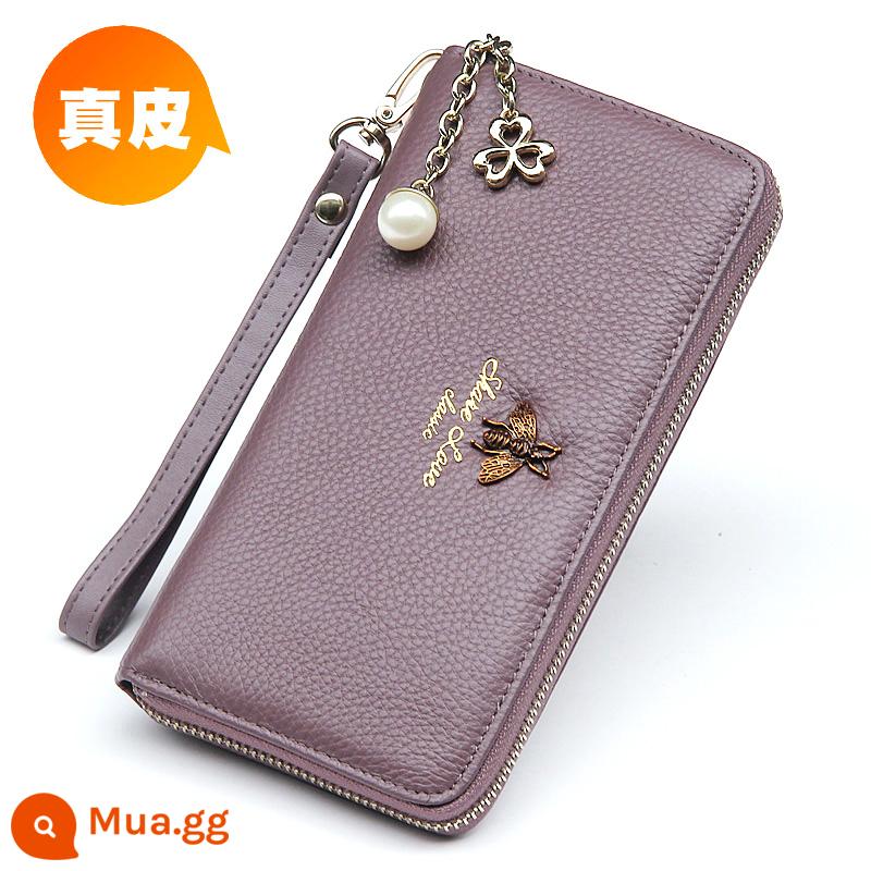 Ví Màu Vàng Da Thật Nữ Phiên Bản Dài May Mắn Công Suất Lớn Túi Clutch Dây Kéo Ví Nữ Túi Xách Da Mới - Dây kéo đơn, ngọc trai cỏ ba lá ong tím thơm