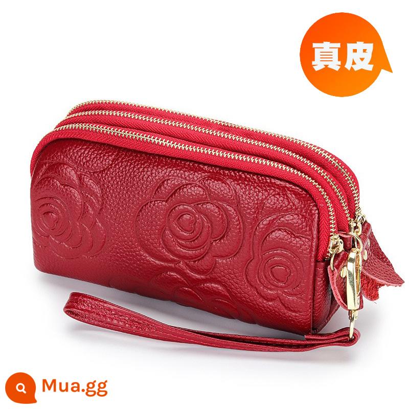 Ví nữ dây kéo 3 lớp da thật ví nữ dáng dài Clutch dung tích lớn Túi nhỏ đựng được điện thoại Lớp trên cùng da bò mềm - Hoa trà đỏ, dây kéo vàng nhạt, dài vừa phải