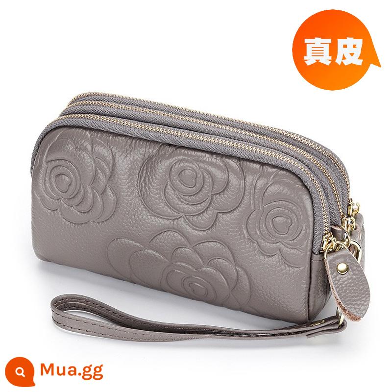 Ví nữ dây kéo 3 lớp da thật ví nữ dáng dài Clutch dung tích lớn Túi nhỏ đựng được điện thoại Lớp trên cùng da bò mềm - Hoa trà màu xám, dây kéo vàng nhạt, dài vừa phải