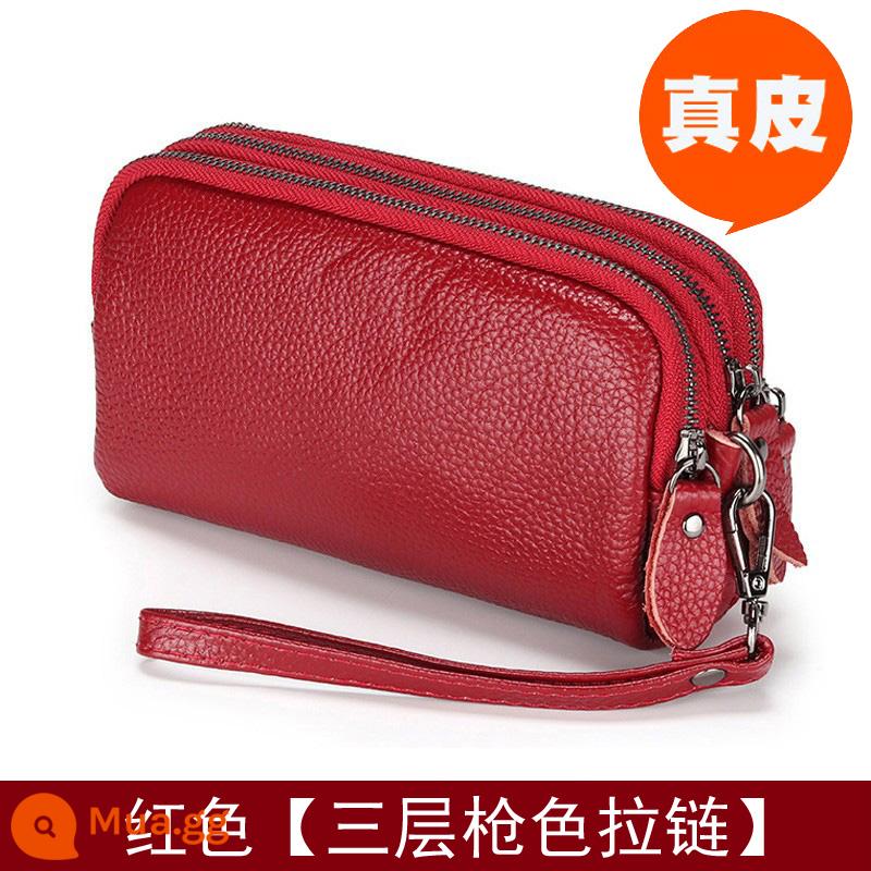 Ví nữ dây kéo 3 lớp da thật ví nữ dáng dài Clutch dung tích lớn Túi nhỏ đựng được điện thoại Lớp trên cùng da bò mềm - Dây kéo màu đồng, màu đỏ tía, dài vừa phải