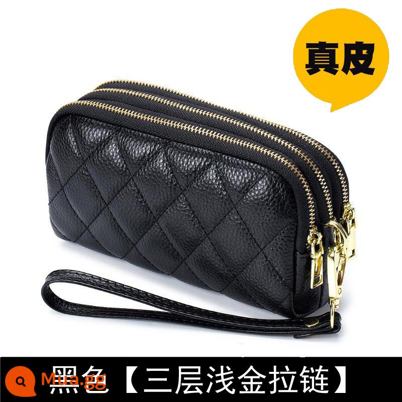 Ví nữ dây kéo 3 lớp da thật ví nữ dáng dài Clutch dung tích lớn Túi nhỏ đựng được điện thoại Lớp trên cùng da bò mềm - Kim cương đen, dây kéo vàng nhạt, phiên bản dài vừa phải