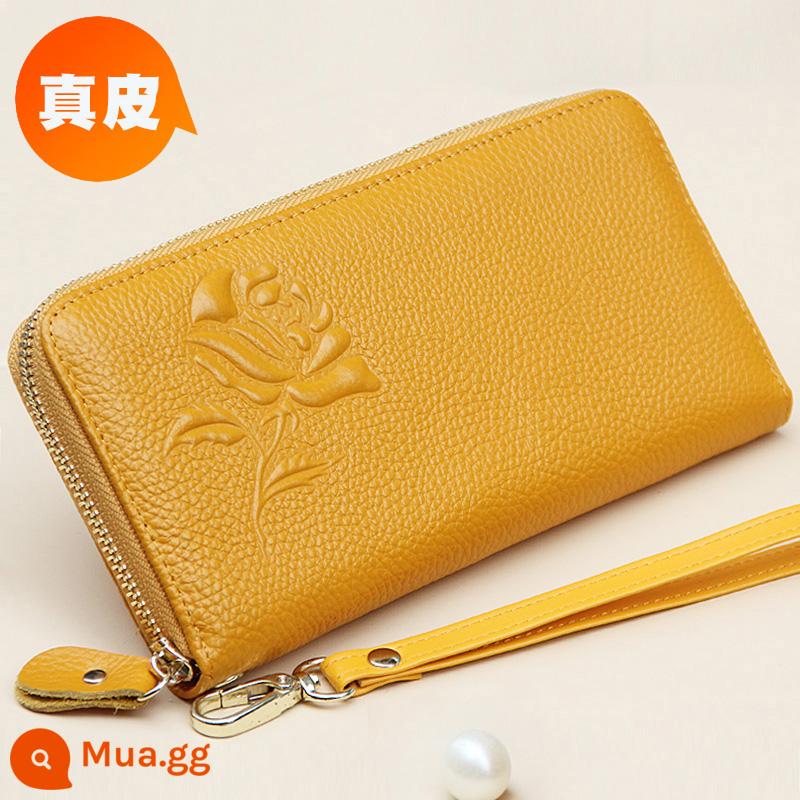 Ví Màu Vàng Da Thật Nữ Phiên Bản Dài May Mắn Công Suất Lớn Túi Clutch Dây Kéo Ví Nữ Túi Xách Da Mới - Khóa kéo đơn, hoa hồng nhỏ màu vàng, mấu kéo bằng da