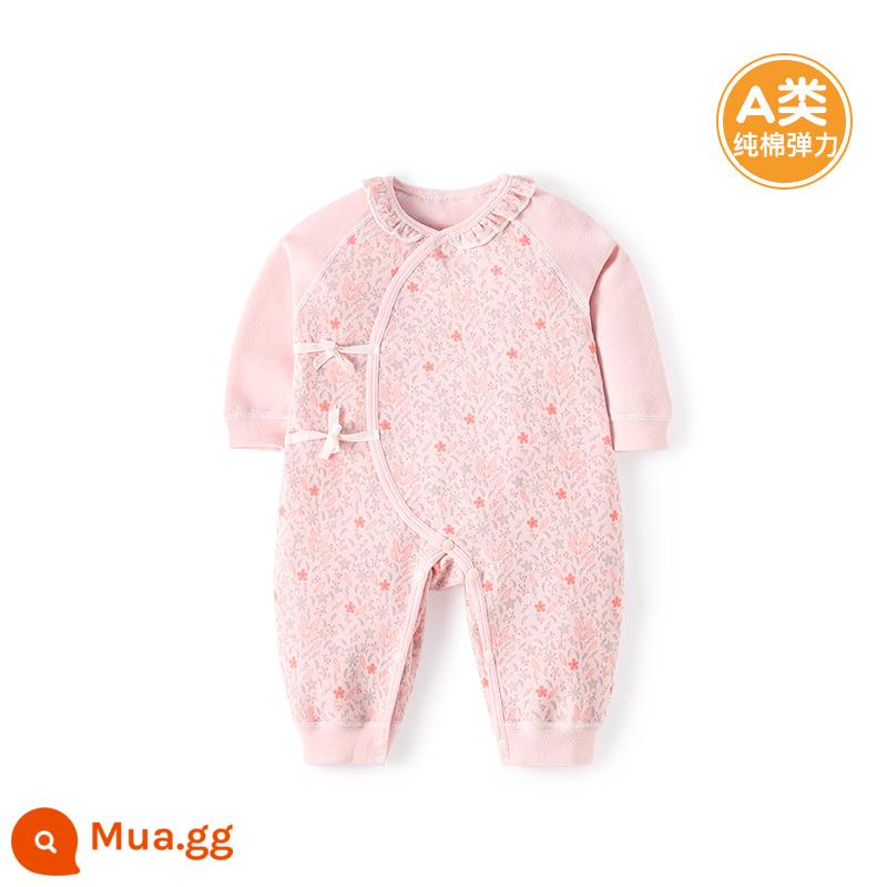 Quần áo cotton nguyên chất cho bé sơ sinh, áo liền quần có dây buộc mùa xuân thu, bé sơ sinh 0 đến 3 tháng đầy tháng, quần áo mùa xuân cho bé nam và nữ - MQ1620A màu hồng