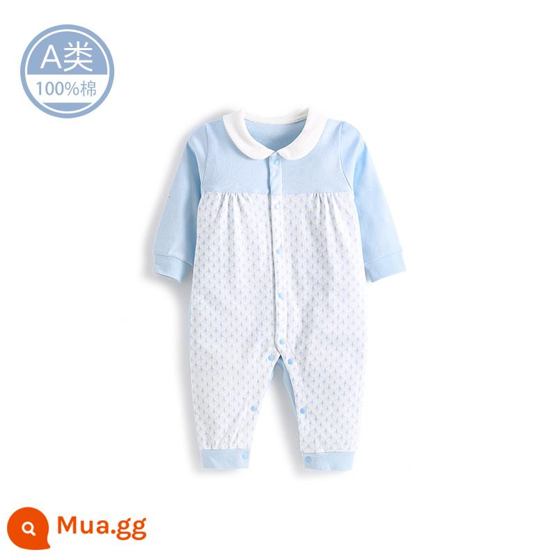 Quần áo cotton nguyên chất cho bé sơ sinh, áo liền quần có dây buộc mùa xuân thu, bé sơ sinh 0 đến 3 tháng đầy tháng, quần áo mùa xuân cho bé nam và nữ - MC1040 màu xanh