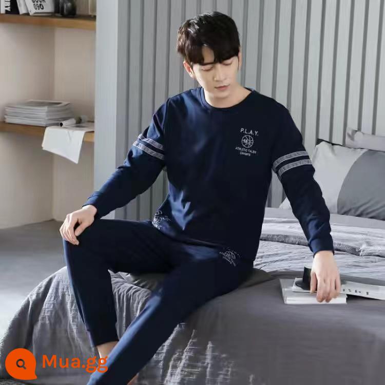 Bộ đồ ngủ nam Zhengqin dài tay mùa xuân và mùa thu cotton nguyên chất thanh niên cotton nguyên chất đơn giản cho nam giới mặc nhà mùa thu đông - 75506