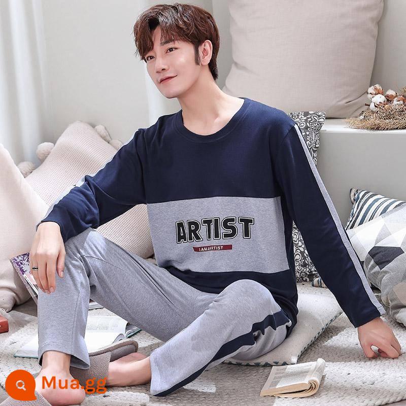 Bộ đồ ngủ nam Zhengqin dài tay mùa xuân và mùa thu cotton nguyên chất thanh niên cotton nguyên chất đơn giản cho nam giới mặc nhà mùa thu đông - 1905 lá thư màu xanh