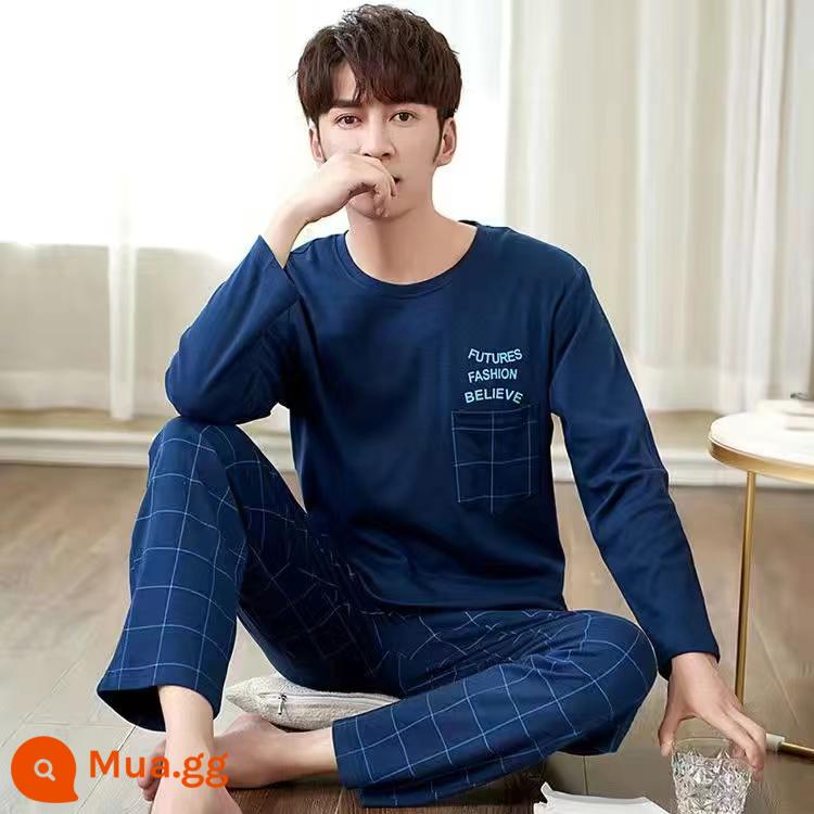 Bộ đồ ngủ nam Zhengqin dài tay mùa xuân và mùa thu cotton nguyên chất thanh niên cotton nguyên chất đơn giản cho nam giới mặc nhà mùa thu đông - 5571 màu xanh đậm