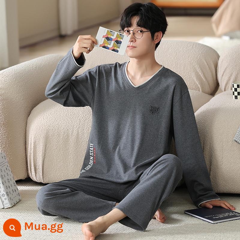 Bộ đồ ngủ nam Zhengqin dài tay mùa xuân và mùa thu cotton nguyên chất thanh niên cotton nguyên chất đơn giản cho nam giới mặc nhà mùa thu đông - Cổ áo YZT9516V