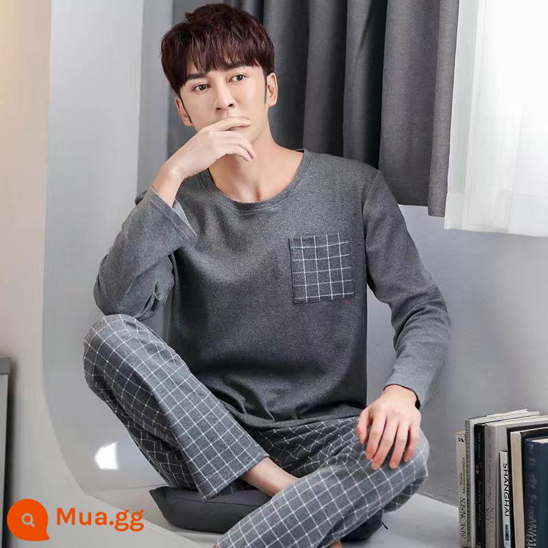 Bộ đồ ngủ nam Zhengqin dài tay mùa xuân và mùa thu cotton nguyên chất thanh niên cotton nguyên chất đơn giản cho nam giới mặc nhà mùa thu đông - 9619 màu xám