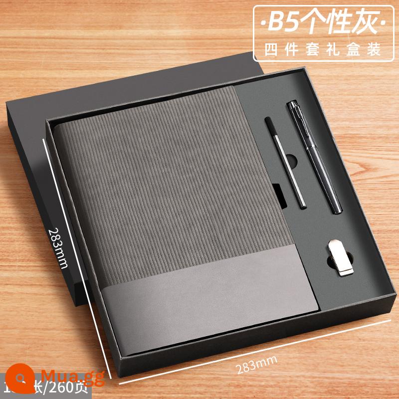 A6 máy tính xách tay cuốn sách nhỏ di động nhỏ mini xách tay bỏ túi văn phòng kinh doanh làm việc notepad cuốn sách nhỏ ghi nhớ cuộc họp cuốn sách tùy chỉnh có thể in logo - Bộ 4 món màu xám cá nhân hóa B5 (130 ảnh) (bút ký + nạp tiền + ổ flash USB)