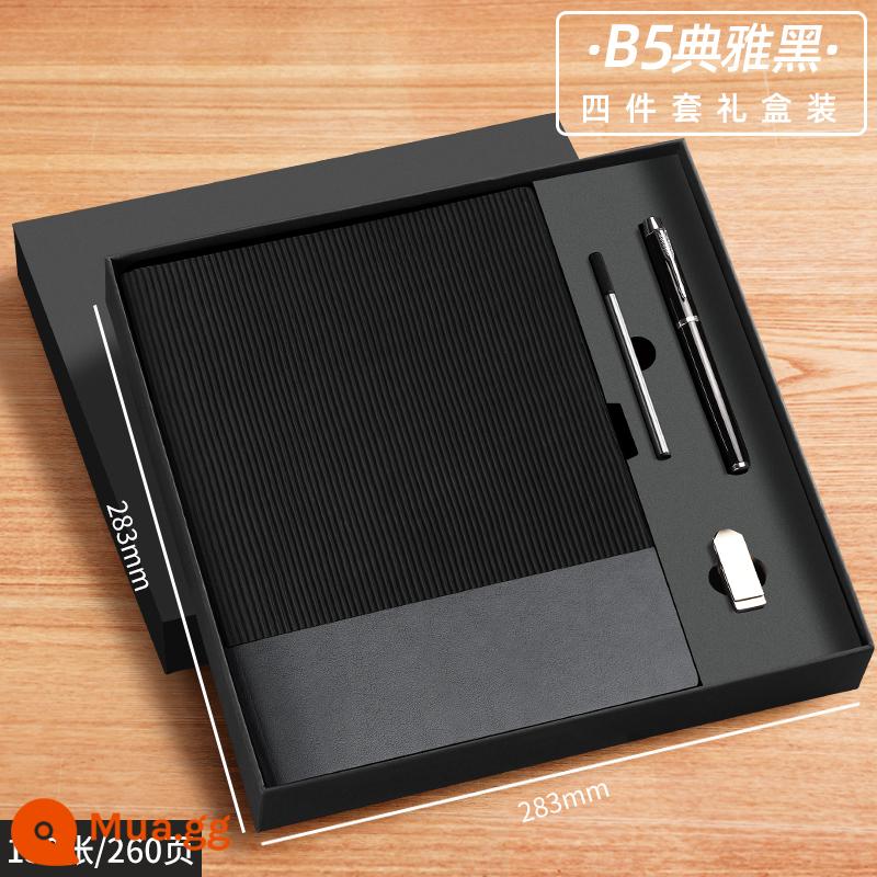 A6 máy tính xách tay cuốn sách nhỏ di động nhỏ mini xách tay bỏ túi văn phòng kinh doanh làm việc notepad cuốn sách nhỏ ghi nhớ cuộc họp cuốn sách tùy chỉnh có thể in logo - B5-Elegant Black (130 ảnh) bộ 4 món (bút ký + nạp tiền + đĩa U)