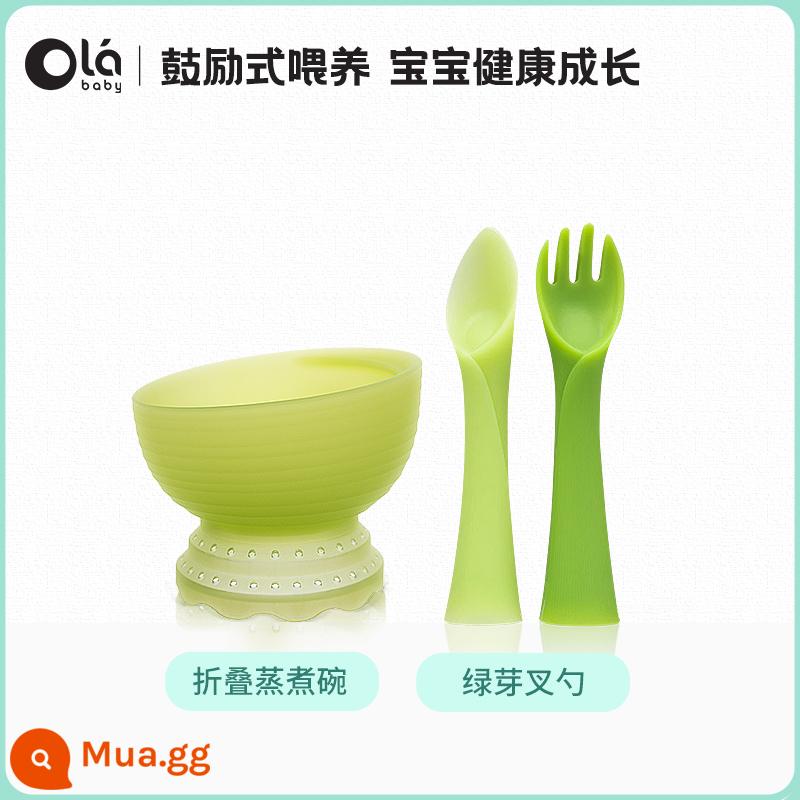 olababy thìa cho bé sơ sinh bộ đồ ăn cho bé bằng silicone mềm thìa không chủ yếu đựng thức ăn bát học tập ăn tập dụng cụ - Bát nấu giá xanh + thìa ngắn giá xanh*1+nĩa*1