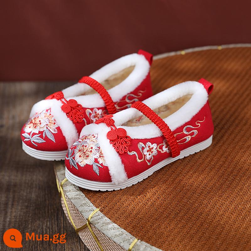 Giày cotton mùa đông cho bé gái Giày Hanfu trang phục cổ giày thêu cộng với nhung dày giày vải Bắc Kinh cũ giày trẻ em giày biểu diễn khiêu vũ - D19B đỏ