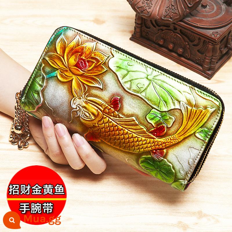 Ví nữ mới 2021 phiên bản dài Túi Clutch da bầu không khí thời trang lớp trên cùng dây kéo da bò dung lượng lớn xác thực - Cá vàng dây kéo đôi may mắn (bàn chải chống trộm da bò lớp 1)