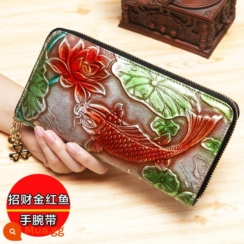 Ví nữ mới 2021 phiên bản dài Túi Clutch da bầu không khí thời trang lớp trên cùng dây kéo da bò dung lượng lớn xác thực - Cá vàng đỏ may mắn (bàn chải chống trộm da bò lớp 1)