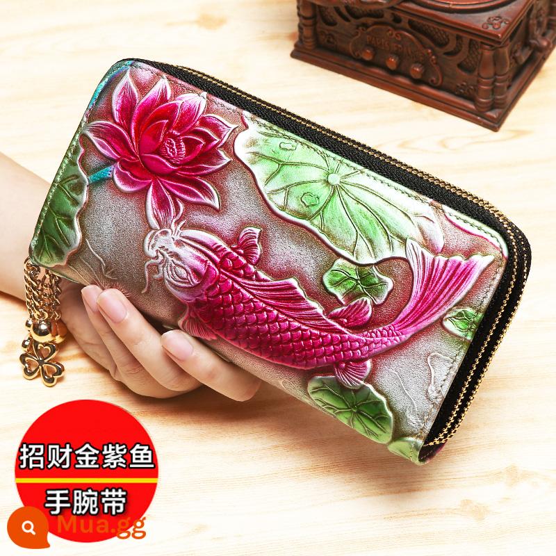 Ví nữ mới 2021 phiên bản dài Túi Clutch da bầu không khí thời trang lớp trên cùng dây kéo da bò dung lượng lớn xác thực - Cá vàng tím dây kéo đôi may mắn (bàn chải chống trộm da bò lớp 1)