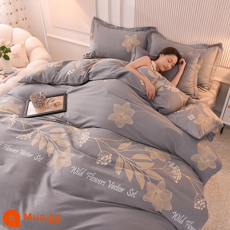 Bộ 4 món chải dày 100 cotton cotton nguyên chất Nam Thông nhà dệt chăn ga gối đệm cao cấp ga trải giường chăn cao cấp mùa đông ấm áp - Lan Yu-Grey