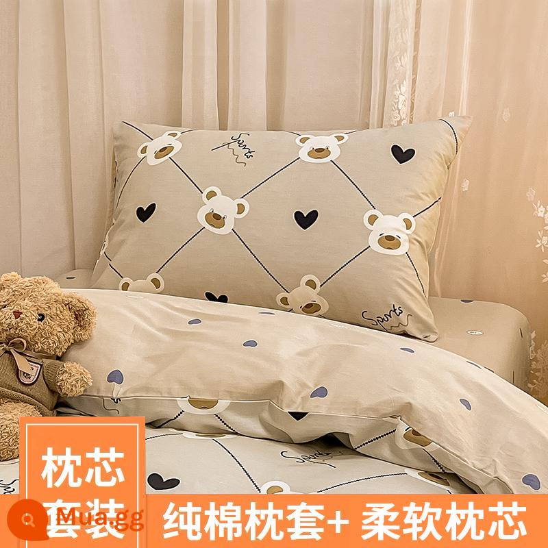 Gối cotton nguyên chất có vỏ gối lõi gối gia dụng bảo vệ đốt sống cổ hỗ trợ giấc ngủ cotton nguyên chất ký túc xá sinh viên đại học đơn nam đôi - [Vỏ Gối + Lõi Gối] Sports Boy