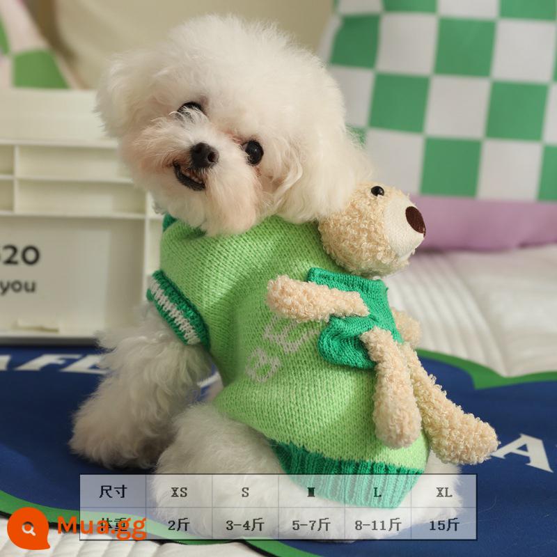 Quần áo mèo chó áo len móc mùa thu đông con rối mới Bichon Teddy Bomei lưới đỏ giữ ấm chống rụng lông - áo len gấu xanh