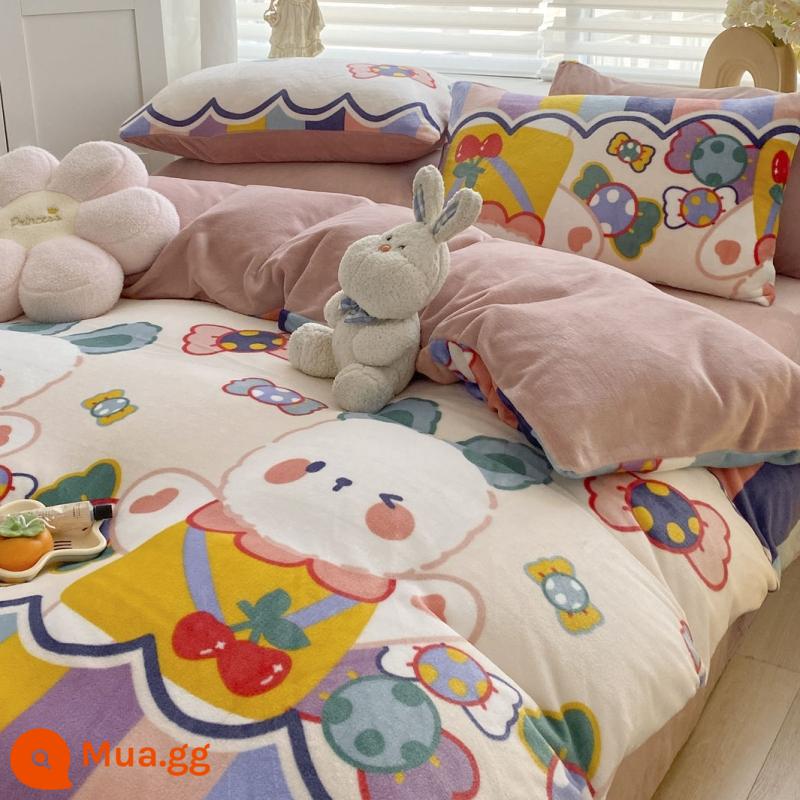 Bed Velvet Bed Velvet nhỏ Bốn bộ giường nhung Velvet Bỉ mặt bích mùa đông - Thỏ Cầu Vồng [Lụa Sữa Nhung]